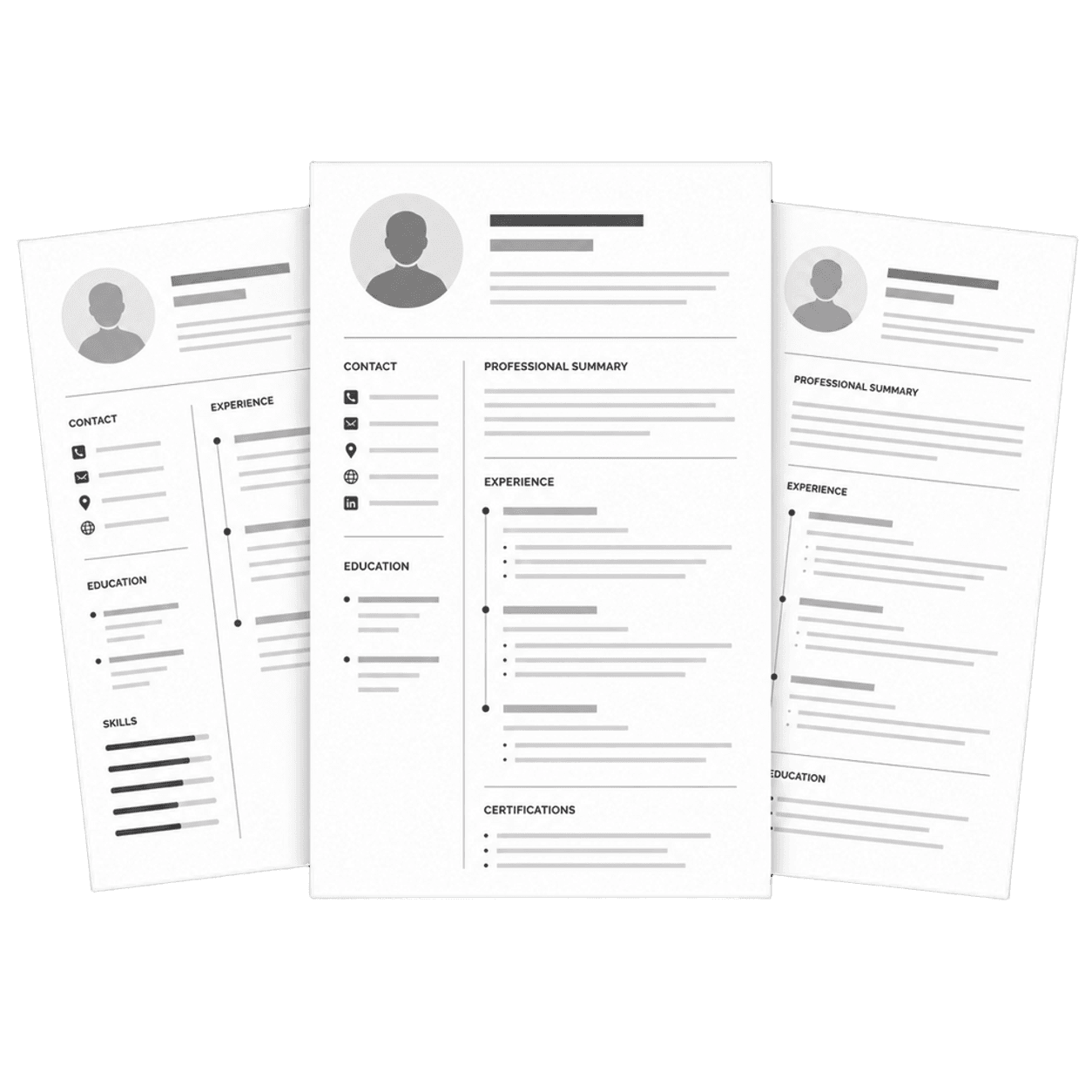 Three stacked resume document previews